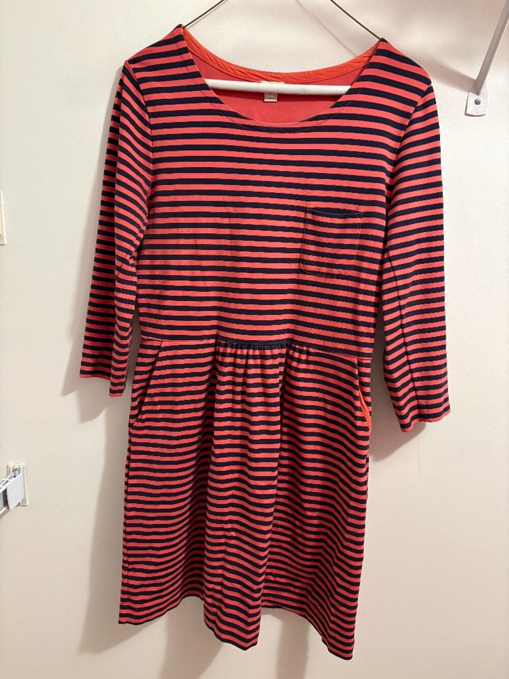 Millennial Optimism! J.Crew Coral & Navy Striped Knit Dress Size 14 Pocket 3/4 S